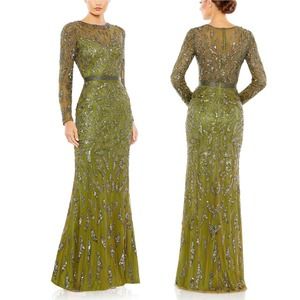 NWT Mac Duggal Olive Beaded Sheer Long Sleeve Evening Gown Size 10 Style 5124